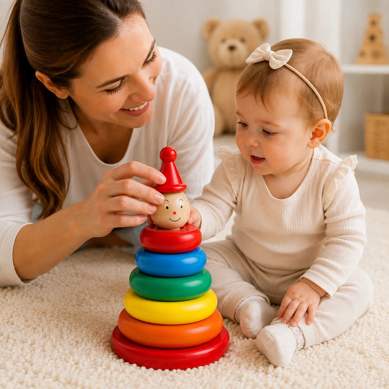Maman jouant avec son bébé en utilisant une tour à empiler en bois Montessori aux anneaux colorés