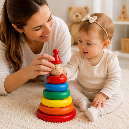 Maman jouant avec son bébé en utilisant une tour à empiler en bois Montessori aux anneaux colorés