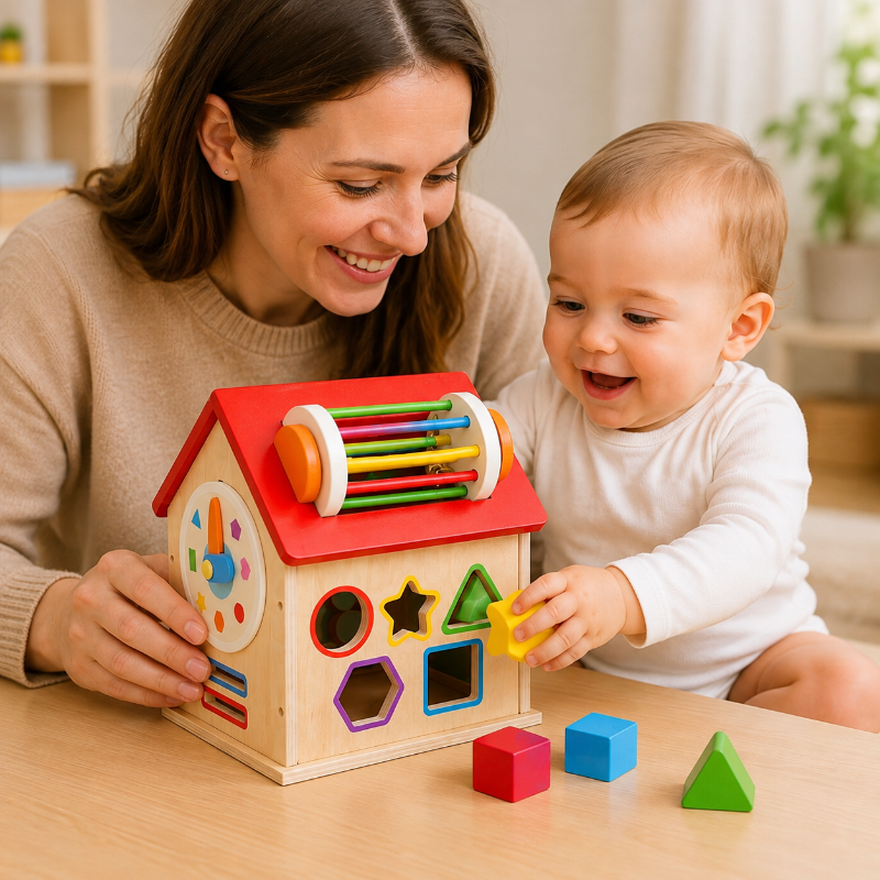 Maman accompagnant son bébé dans la découverte d'une maison d'activités en bois Montessori avec jeux éducatifs et formes à encastrer