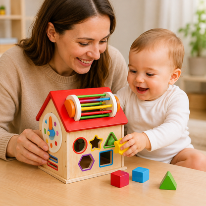 Maman accompagnant son bébé dans la découverte d'une maison d'activités en bois Montessori avec jeux éducatifs et formes à encastrer