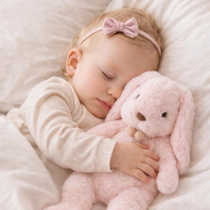 Bébé dormant paisiblement avec peluche lapin rose douce, doudou réconfortant pour sommeil bébé