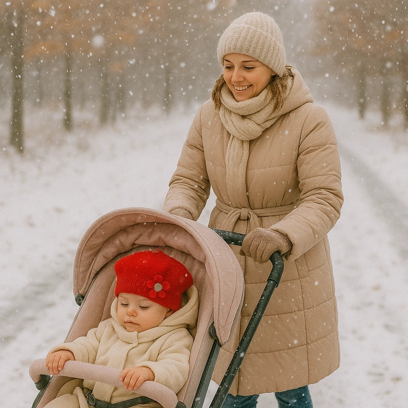 Maman promenant son bébé en poussette sous la neige, bébé portant un béret rouge chaud en tricot