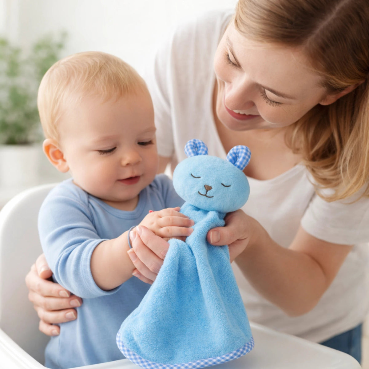 Maman montrant à bébé comment utiliser une serviette de main suspendue bleue, usage quotidien