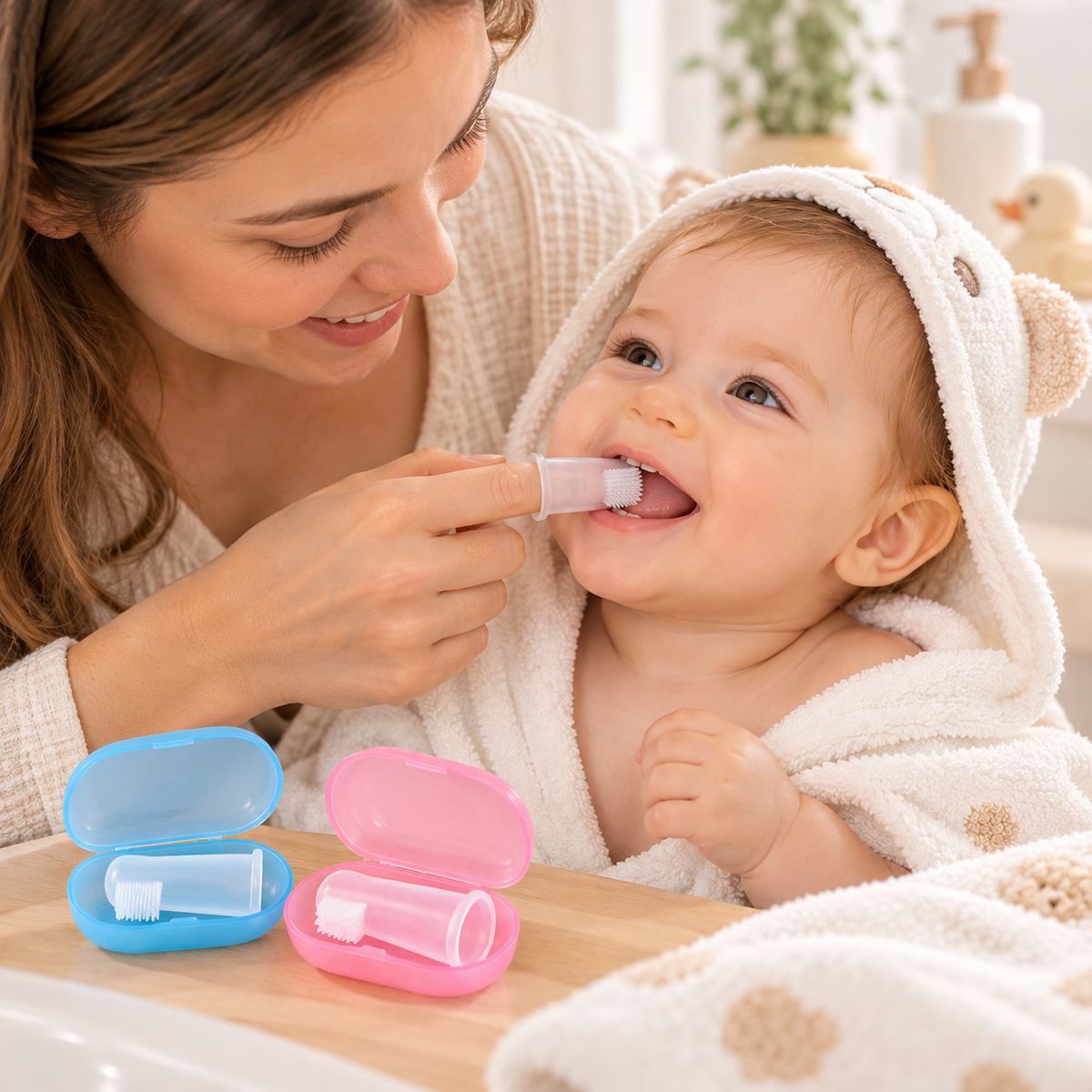 Maman nettoyant délicatement les dents de son bébé avec une brosse à dents de doigt en silicone, accompagnée de ses étuis bleu et rose.