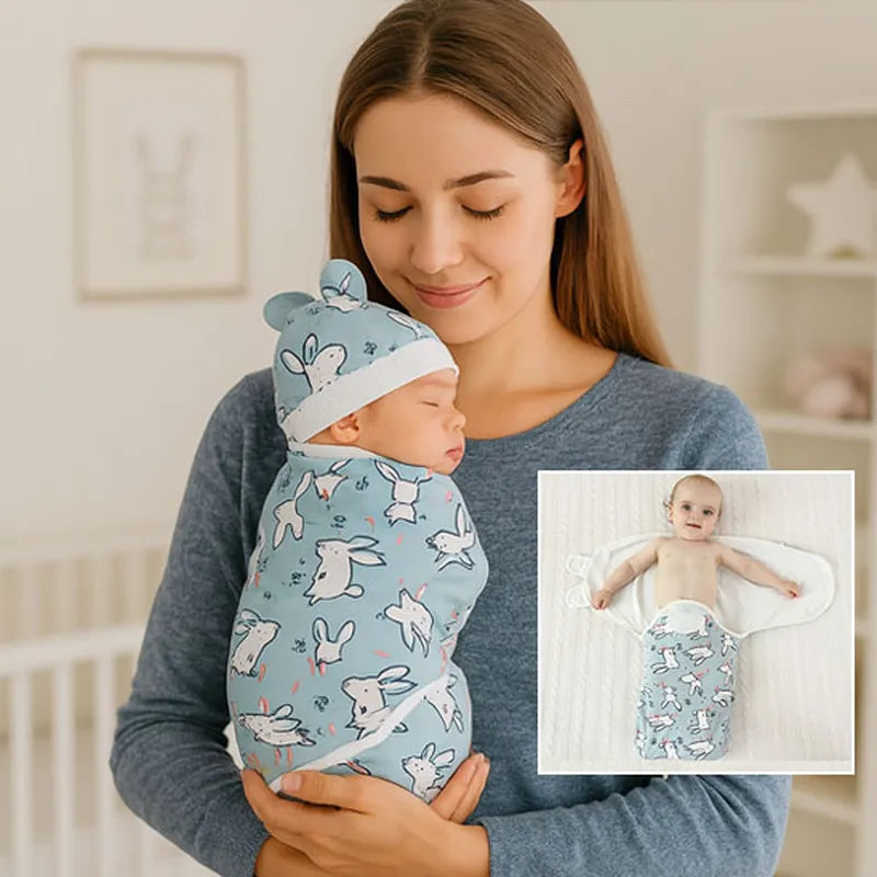 Maman portant son bébé éveillé dans une gigoteuse lapins bleue