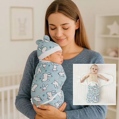 Maman portant son bébé éveillé dans une gigoteuse lapins bleue
