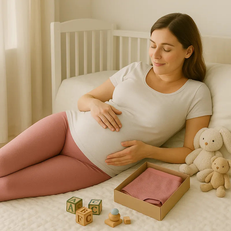 Femme enceinte souriante avec box cadeau bébé rose