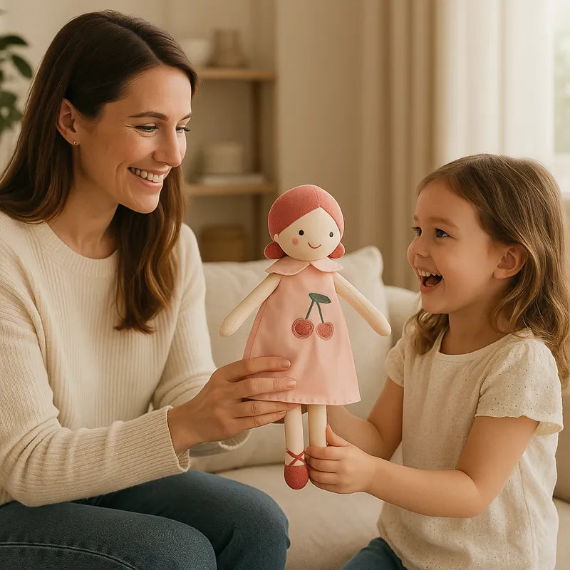 Maman et fillette jouant avec une poupée en tissu cerise