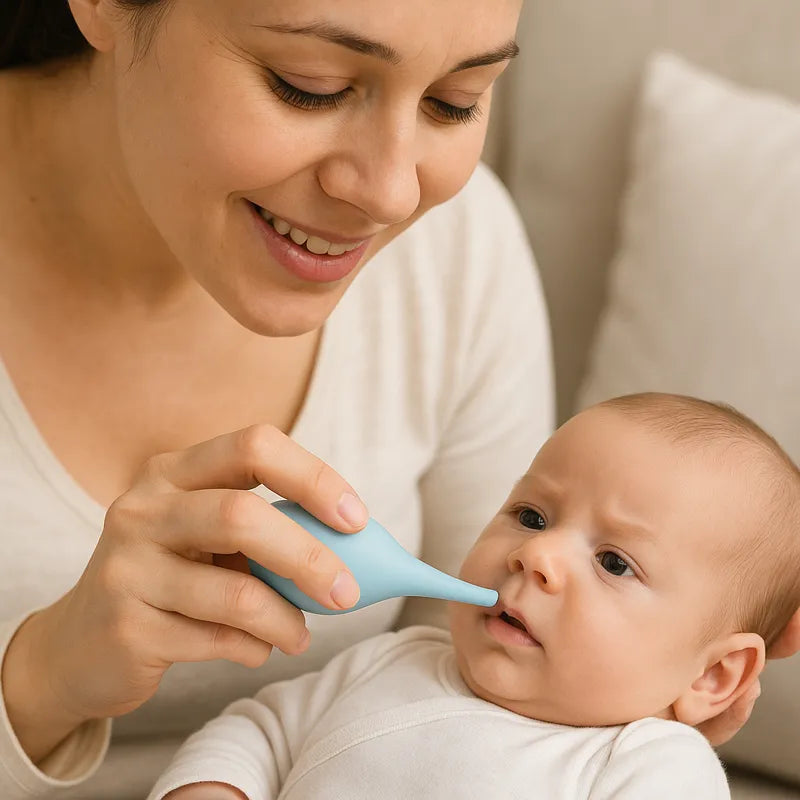 Maman nettoie le nez de son bébé avec la trousse de soins