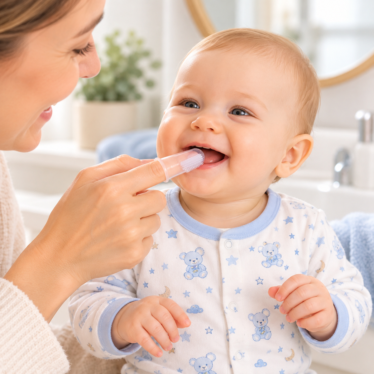 Maman nettoyant délicatement les premières dents de son bébé souriant avec une brosse à dents de doigt en silicone transparent.