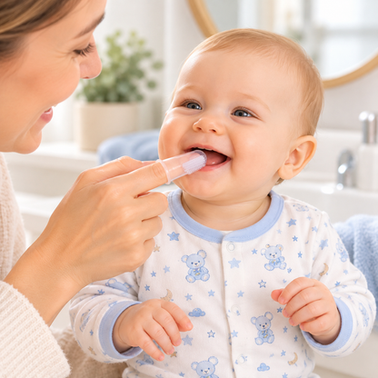 Maman nettoyant délicatement les premières dents de son bébé souriant avec une brosse à dents de doigt en silicone transparent.