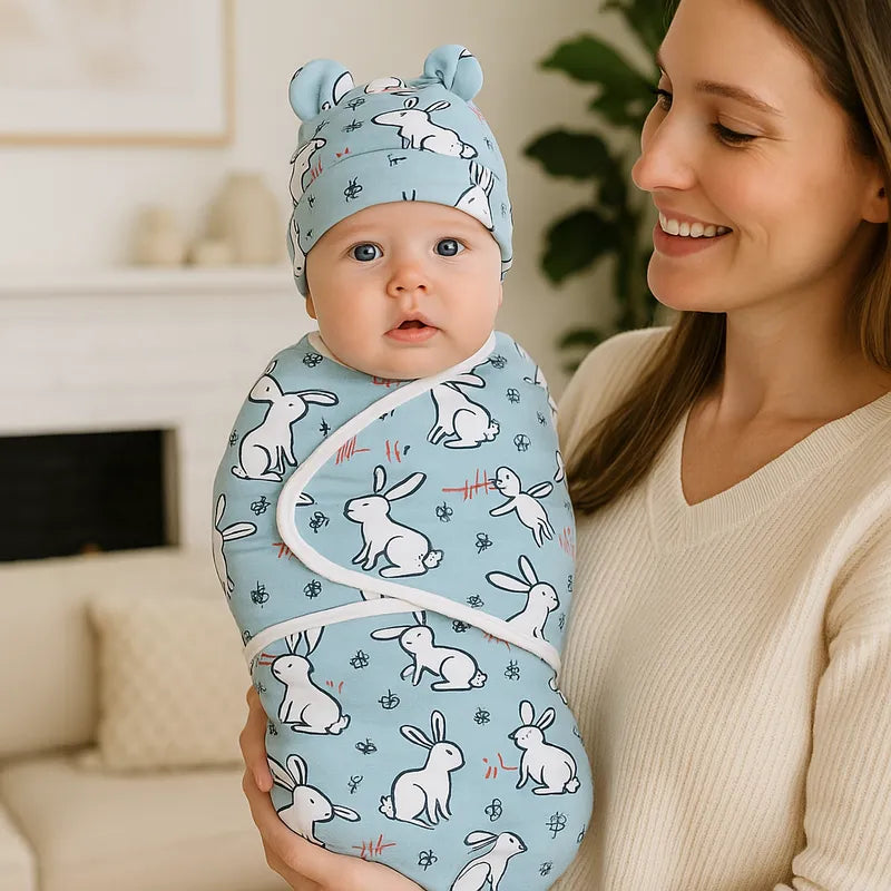 Maman tenant son bébé emmailloté dans une gigoteuse lapins bleue