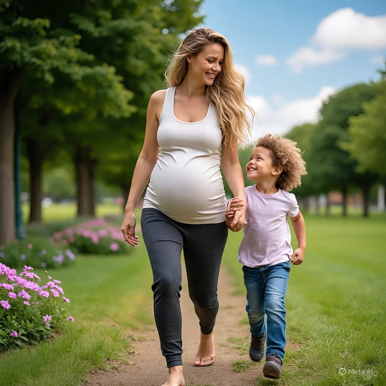 Femme enceinte marchant avec enfant en pantalon de grossesse