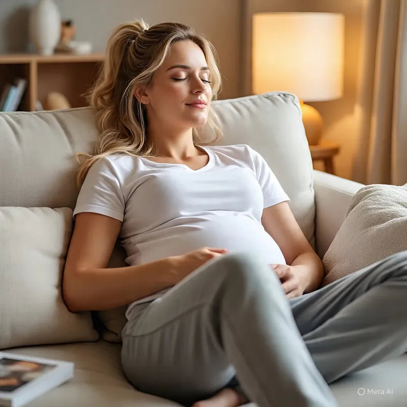 Femme enceinte détendue en pantalon de grossesse gris