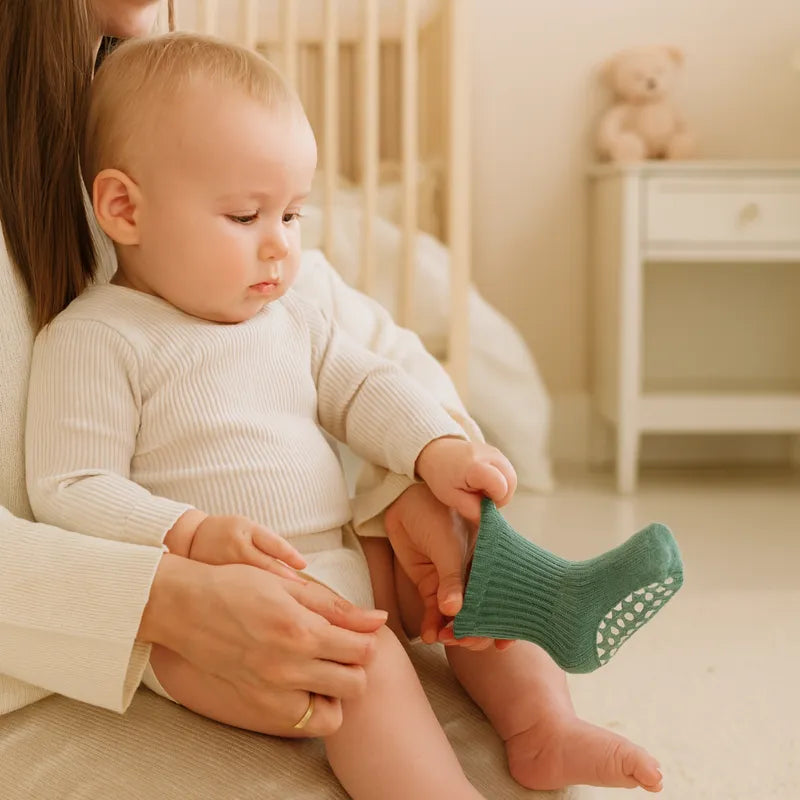 Maman enfilant les chaussettes bébé vertes à son enfant dans la chambre