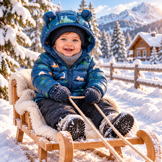 Bébé portant un manteau d’hiver bleu chaud lors d’une promenade en traîneau dans la neige