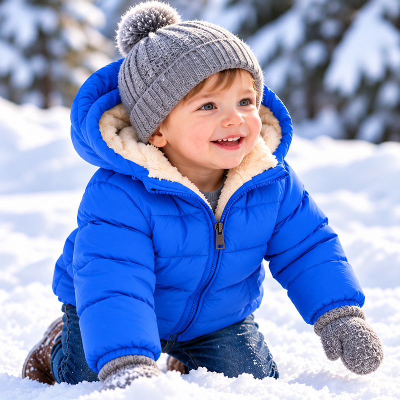 Enfant portant un manteau bleu chaud à capuche en jouant dans la neige