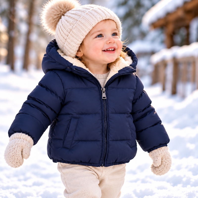 Enfant portant un manteau bleu marine chaud à capuche lors d’une sortie dans la neige