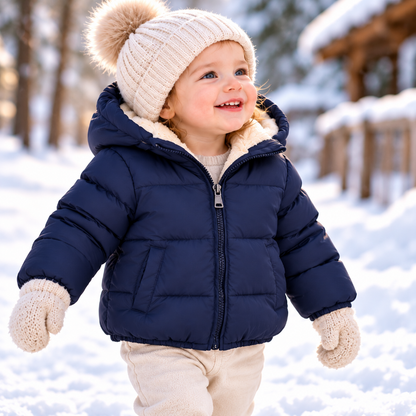 Enfant portant un manteau bleu marine chaud à capuche lors d’une sortie dans la neige