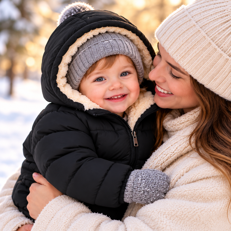 Enfant portant un manteau noir chaud à capuche dans les bras de sa maman en hiver