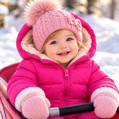 Bébé fille portant un manteau d’hiver rose à capuche et un bonnet à pompon lors d’une sortie dans la neige