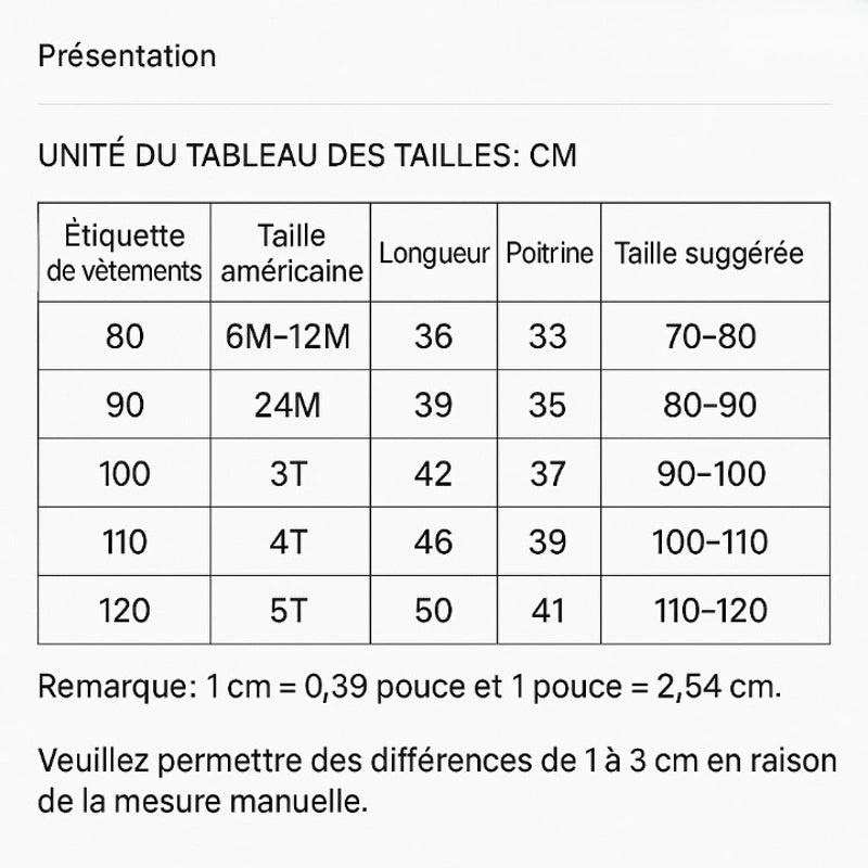 Tableau des tailles manteau bébé hiver, guide des mesures en cm