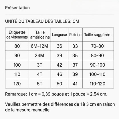 Tableau des tailles manteau bébé hiver, guide des mesures en cm