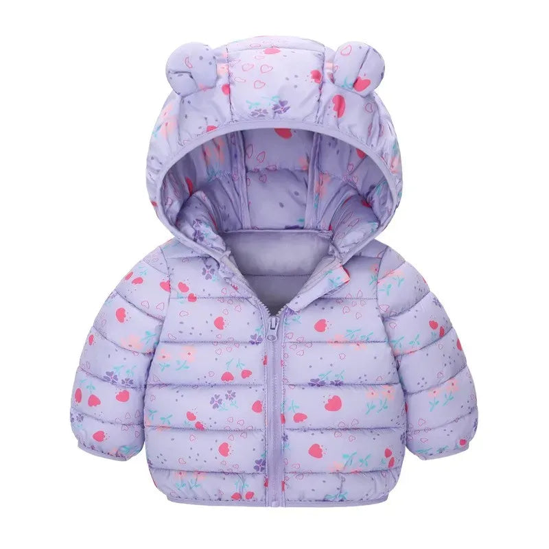 manteau lavande pour bébé fille avec motifs cœurs et capuche à oreilles
