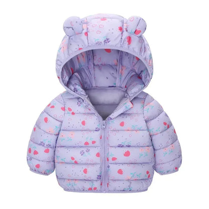 manteau lavande pour bébé fille avec motifs cœurs et capuche à oreilles