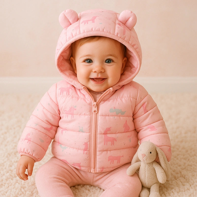 Bébé fille souriante avec manteau rose à capuche oreilles