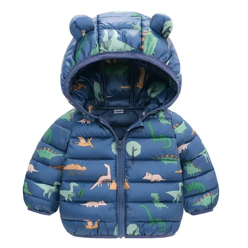 manteau bleu pour bébé garçon avec motifs dinosaures et capuche à oreilles