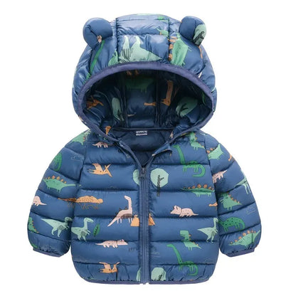 manteau bleu pour bébé garçon avec motifs dinosaures et capuche à oreilles