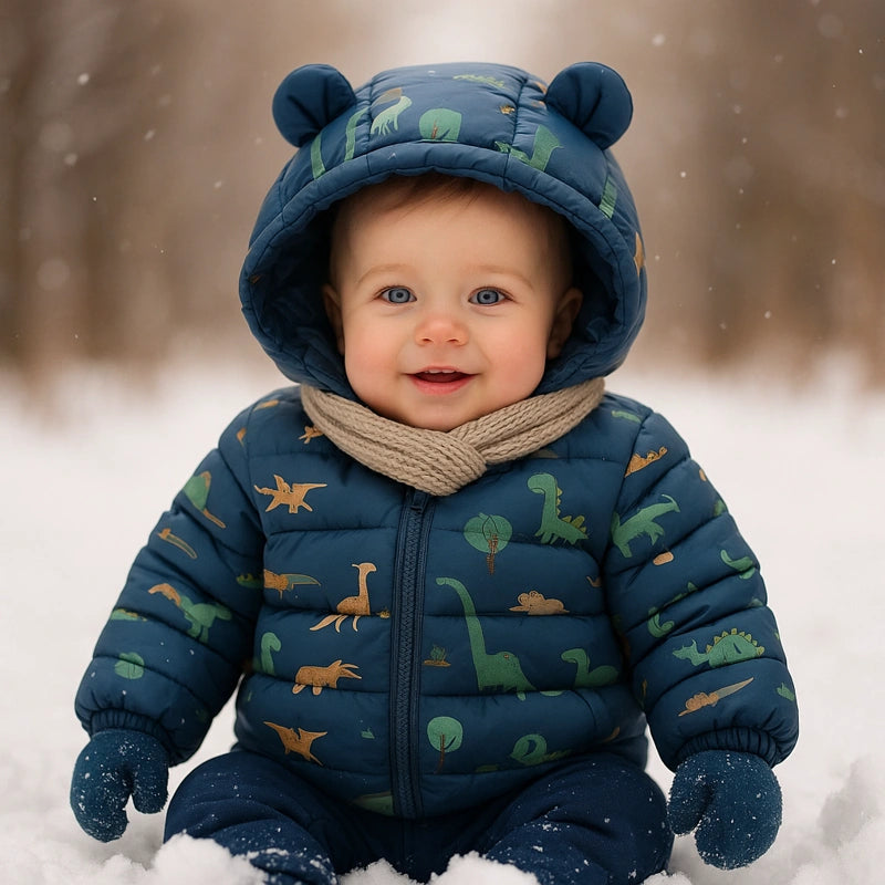 Bébé garçon manteau bleu à capuche motif dinosaure dans la neige