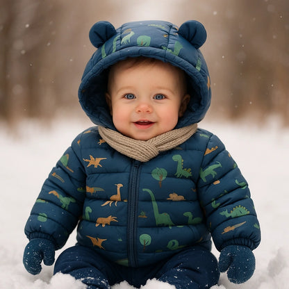 Bébé garçon manteau bleu à capuche motif dinosaure dans la neige