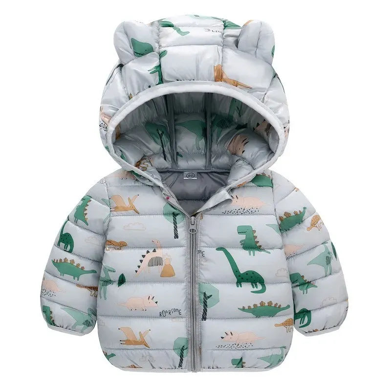 manteau gris pour bébé garçon avec capuche à oreilles et motifs dinosaures