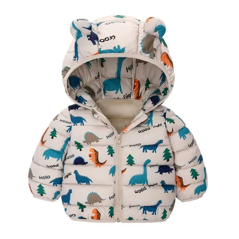 manteau beige chaud pour bébé garçon avec motifs dinosaures colorés et capuche à oreilles