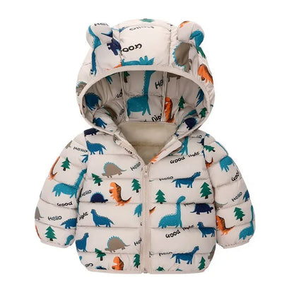 manteau beige chaud pour bébé garçon avec motifs dinosaures colorés et capuche à oreilles