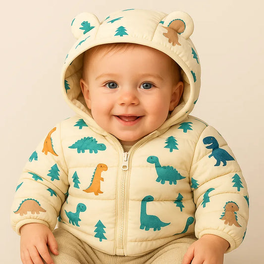 Bébé manteau beige imprimé dinosaure texte manteau bébé chaud et léger