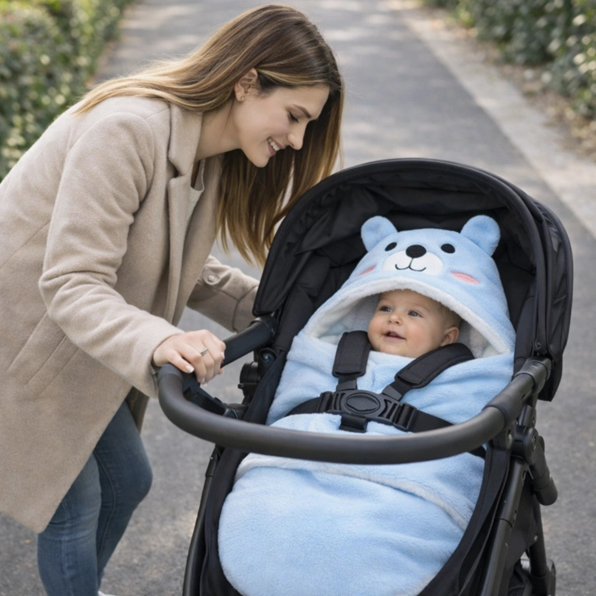Bébé de 6 mois attaché dans une poussette, installé dans un nid d’ange bébé bleu