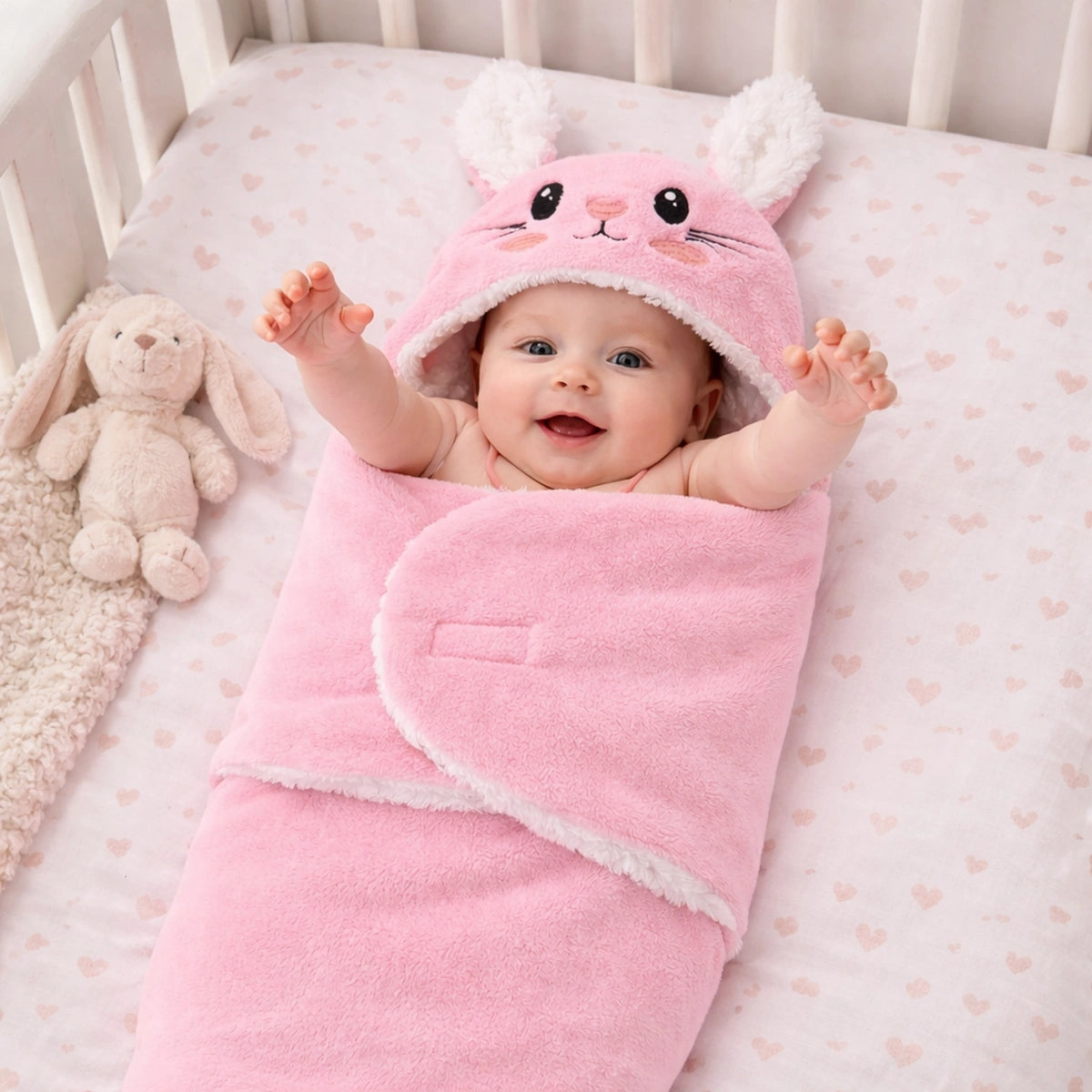 Bébé fille éveillée dans une petite couchette, bras ouverts comme pour se faire prendre
