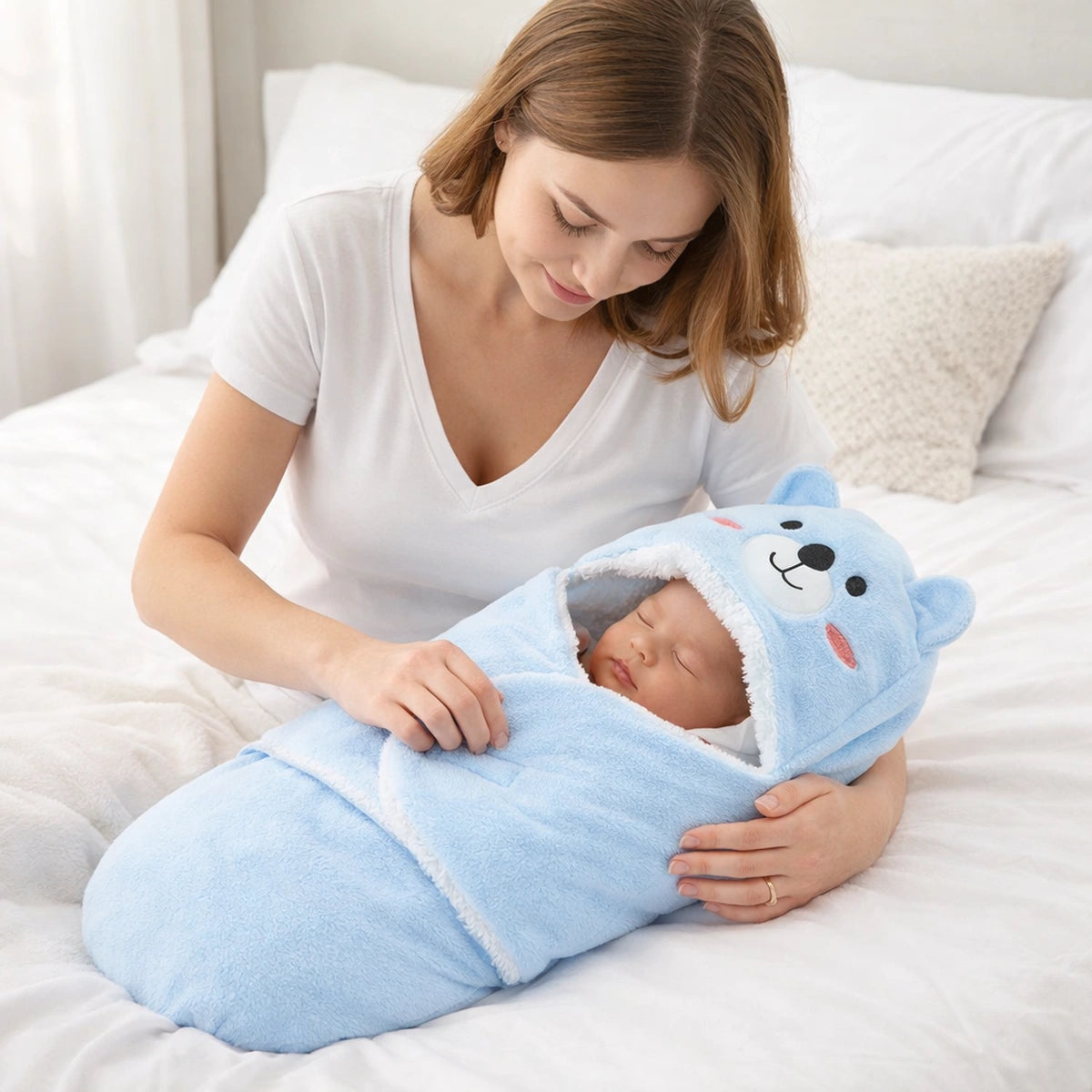 Nid d’ange bébé bleu enveloppant, maman emmaillotant son nouveau-né sur un lit