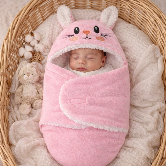 Bébé endormi enveloppé dans un nid d’ange rose doux, installé dans un berceau en rotin