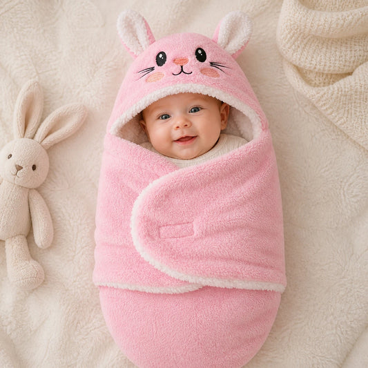 bébé souriant dans un nid d’ange rose lapin doux et chaud pour nouveau-né
