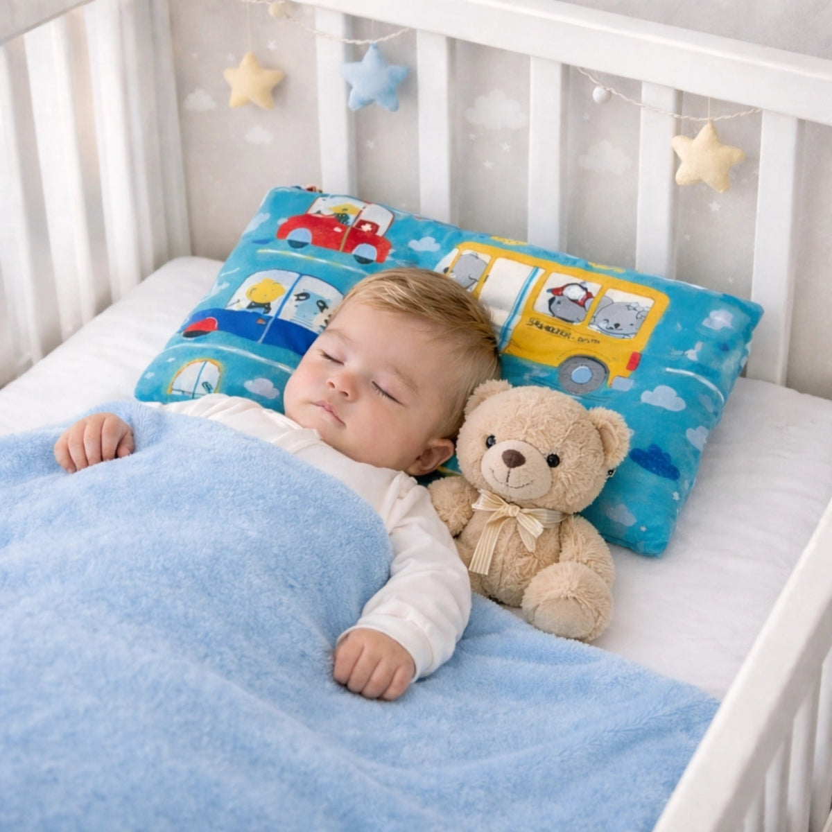 Bébé endormi avec oreiller anti tête plate bleu et couverture douce pour un sommeil sécuritaire