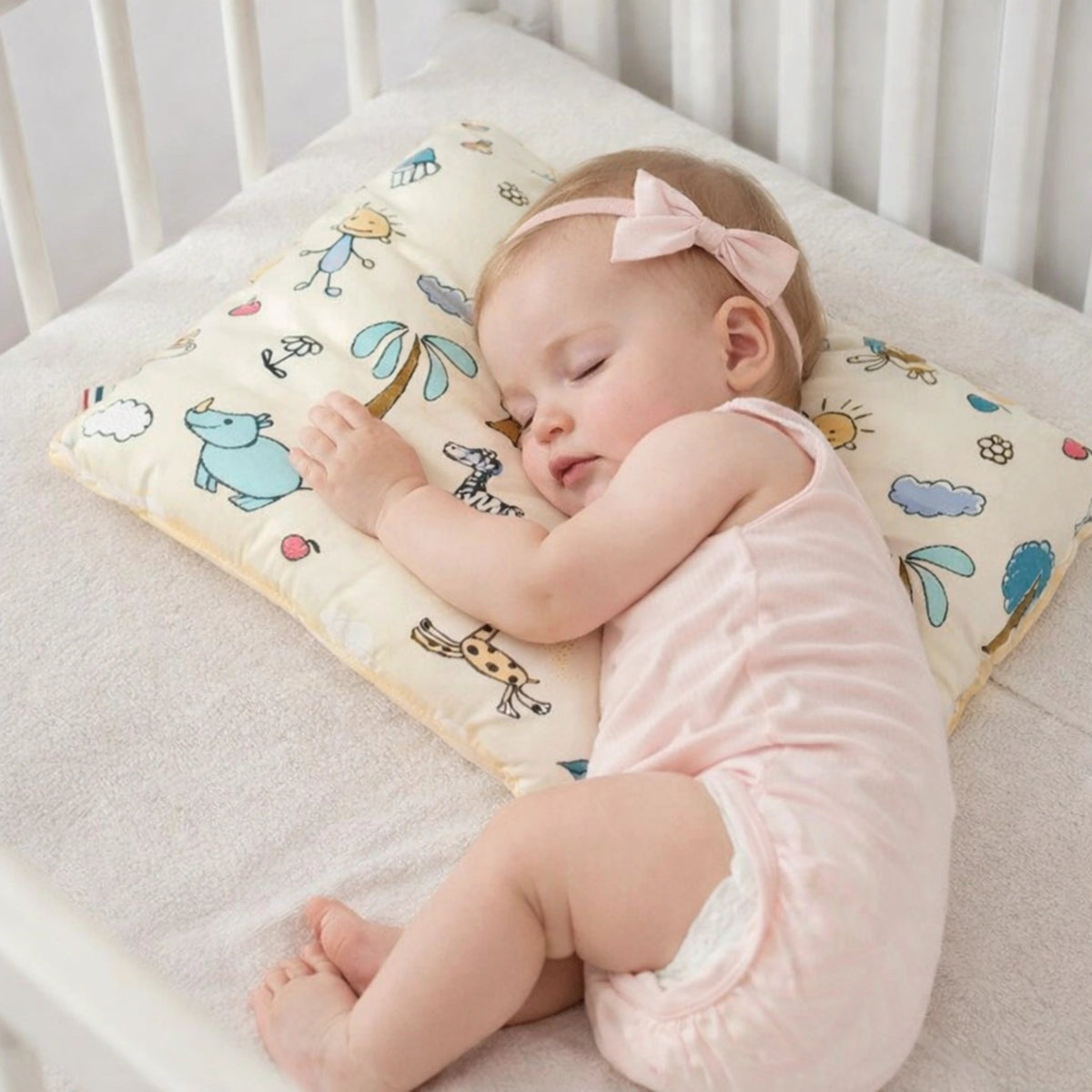 Bébé dormant sur oreiller ergonomique anti tête plate pour nouveau-né dans un lit bébé sécurisé
