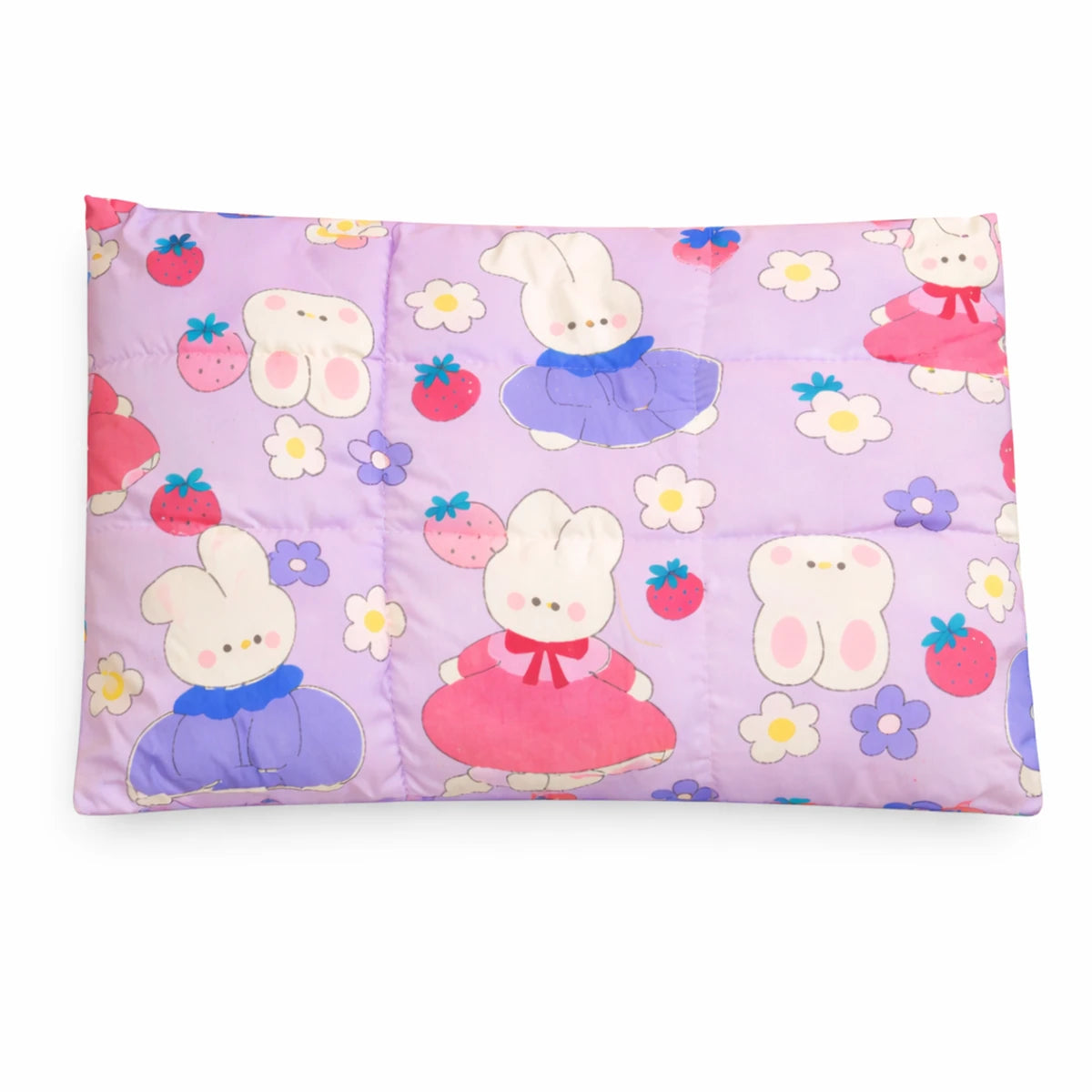 Oreiller bébé plat motif lapins violets et fraises, coussin confortable pour sommeil bébé