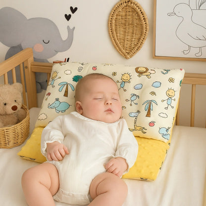Bébé dormant confortablement sur oreiller bébé jaune