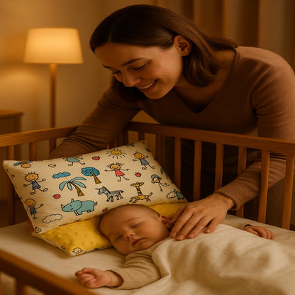 Maman bordant son bébé couché sur oreiller bébé
