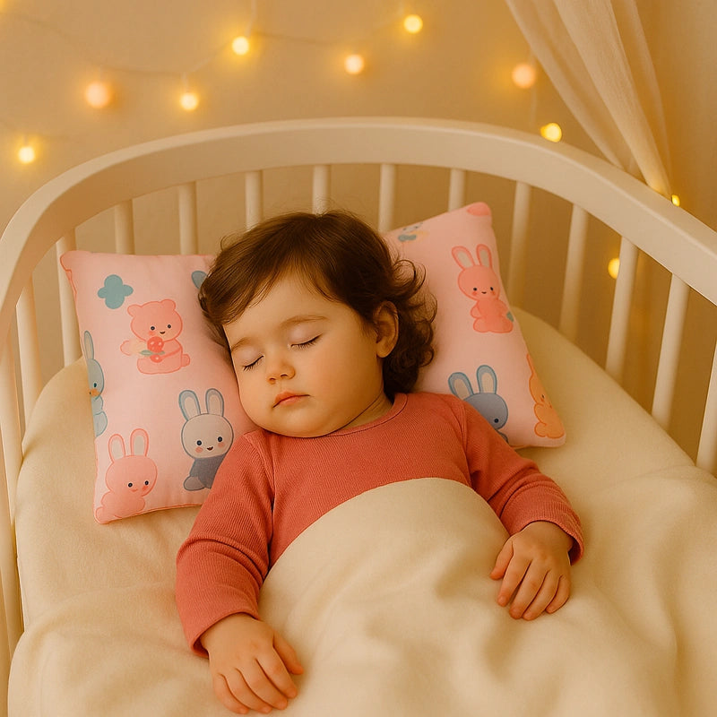 Fillette endormie avec oreiller bébé rose lapins mignons