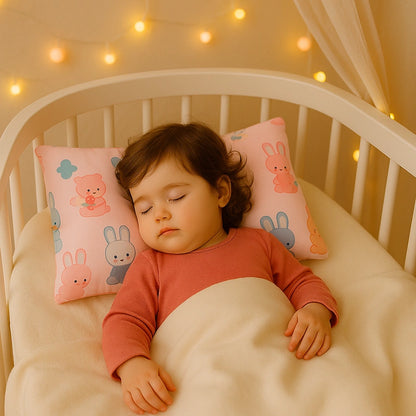 Fillette endormie avec oreiller bébé rose lapins mignons